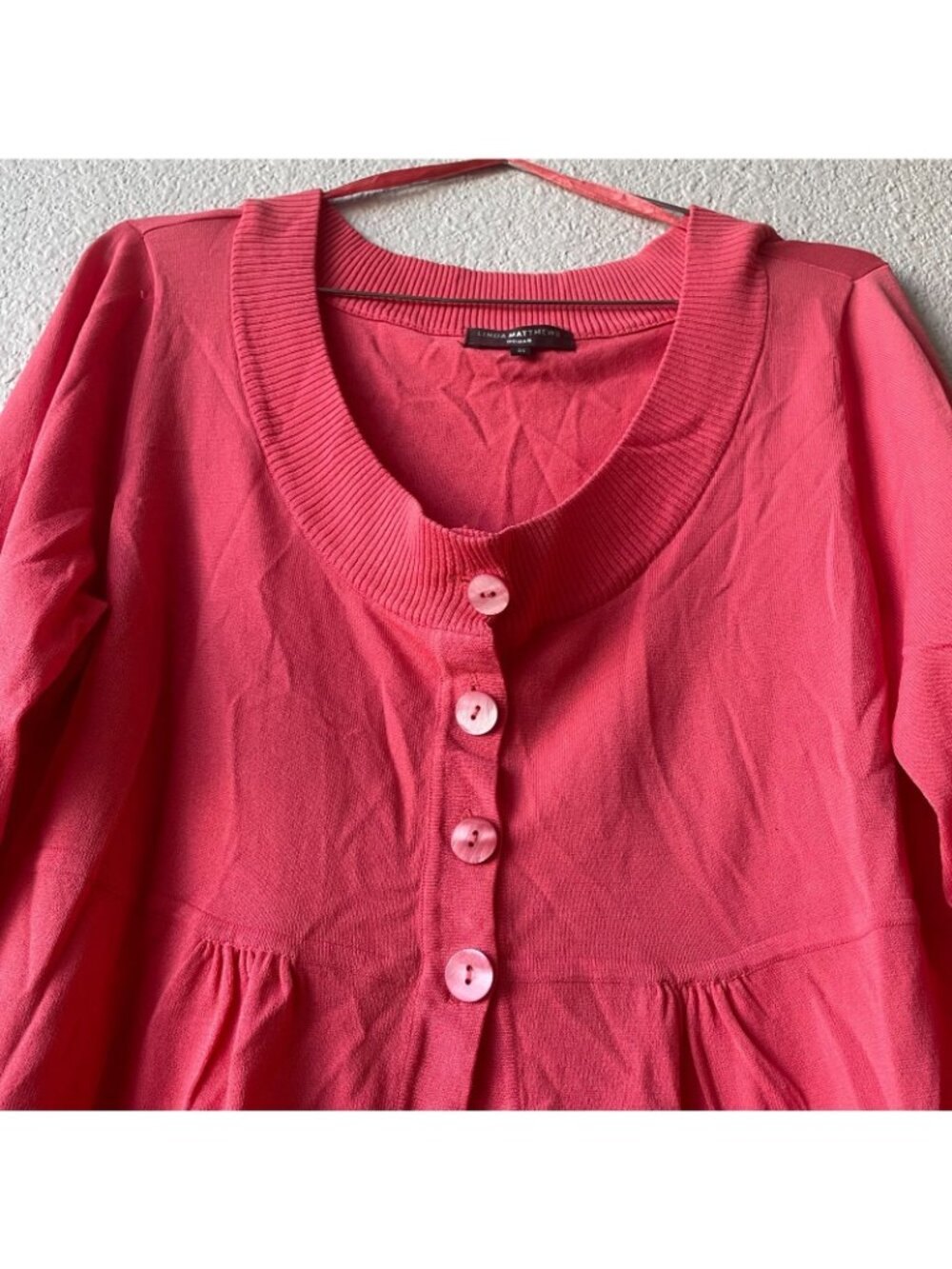 Linda Matthews Women's Button Up Coral Summer Cardigan Plus Size 1X Crochet Trim - Picture 6 of 8